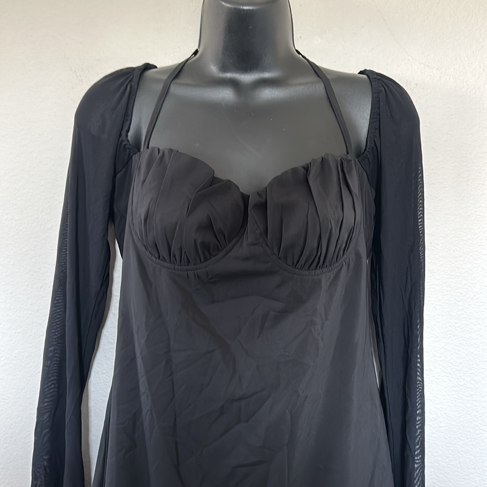 Princess Polly Dyer Black Long Sheer Sleeve Tie Neck Mini Dress - Picture 5 of 13